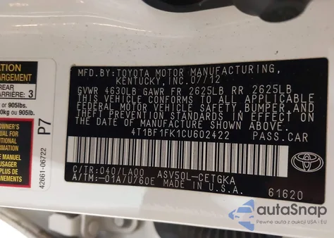 2012 Toyota Camry Se/Le/Xle z USA, uszkodzony, nr VIN 4T1BF1FK1CU602422